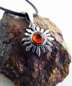 Amber Pendant Gemstone Silver Sun Symbol Handmade Necklace Sterling 925 Gothic Antique Vintage Jewelry
