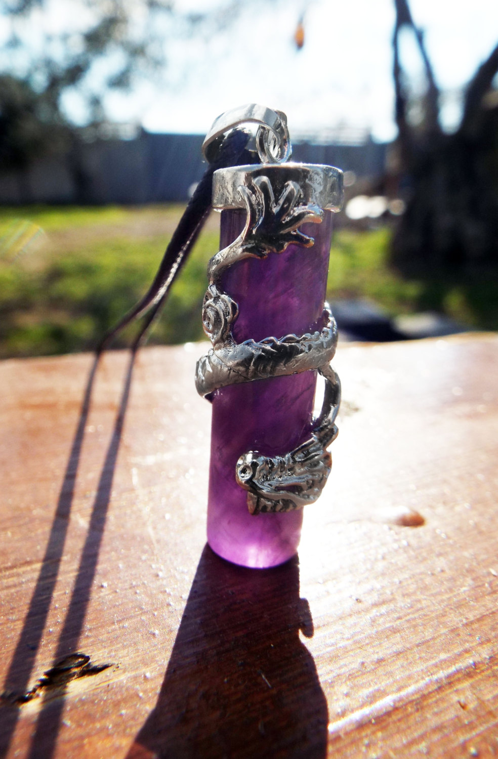 Amethyst Dragon Pendant Gemstone Pendulum Silver Necklace Cylinder