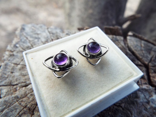 Amethyst Earrings Silver Studs Gemstone Flower Handmade Sterling 925 Purple Gothic Dark Jewelry
