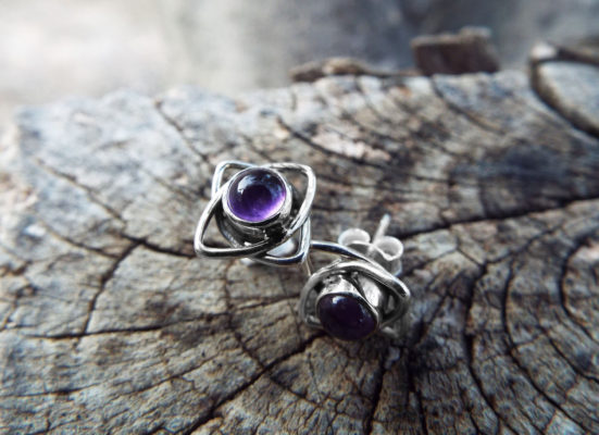 Amethyst Earrings Silver Studs Gemstone Flower Handmade Sterling 925 Purple Gothic Dark Jewelry