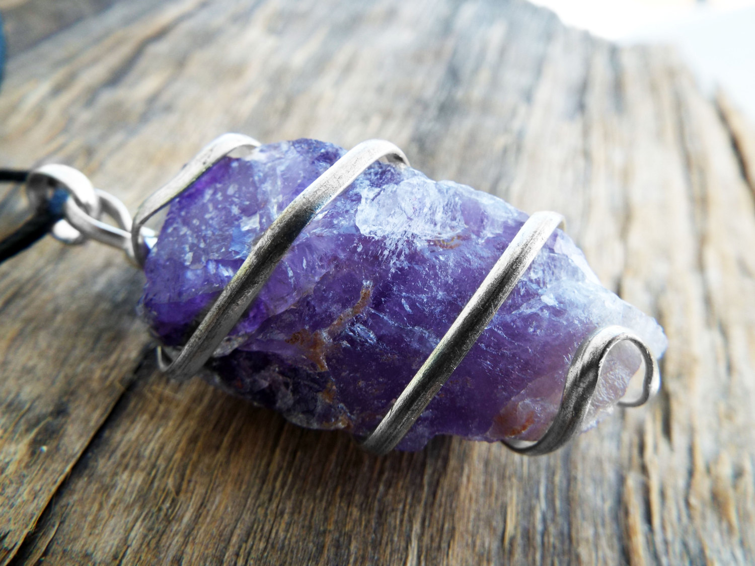 Amethyst Pendant Raw Gemstone Silver Necklace Handmade Stone Purple