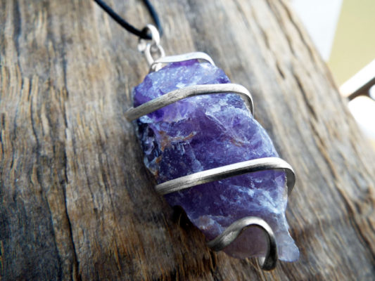 Amethyst Pendant Raw Gemstone Silver Necklace Handmade Stone Purple Protection Jewelry