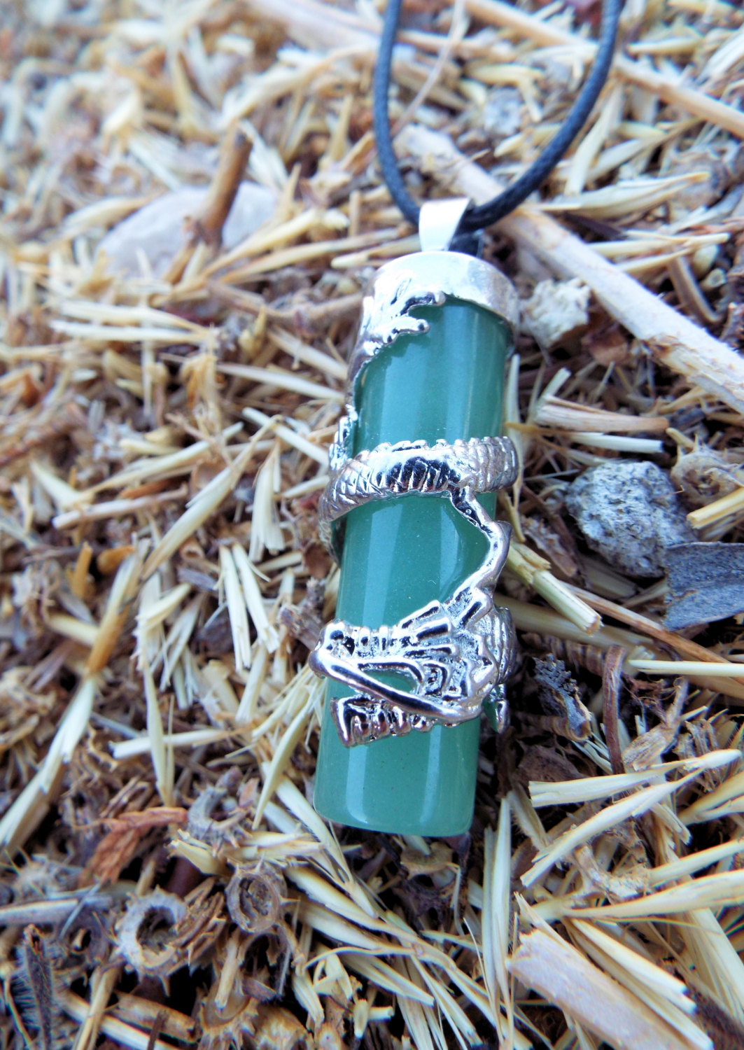 Aventurine Dragon Pendant Gemstone Pendulum Silver Necklace Cylinder Handmade Gothic Magic Dark Wicca Jewelry