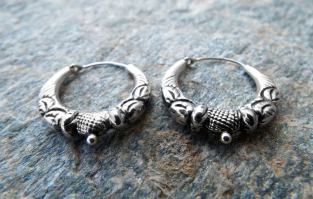 Bali Hoop Earrings Silver Balinese Sterling 925 Tribal Handmade Jewelry Patterned Traditional
