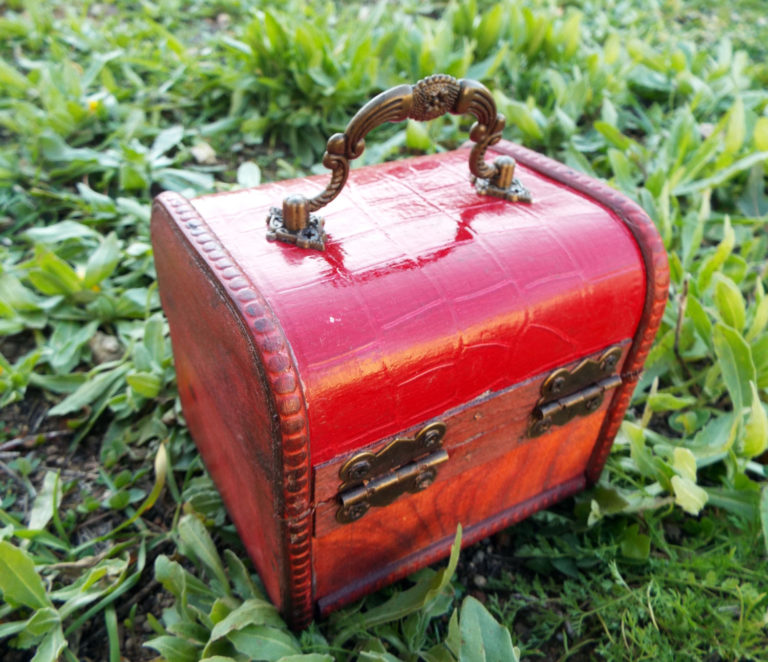 Box Vintage Handmade Wooden Genuine Red Leather Treasure Chest Jewelry Trinket Antique Vintage Gothic