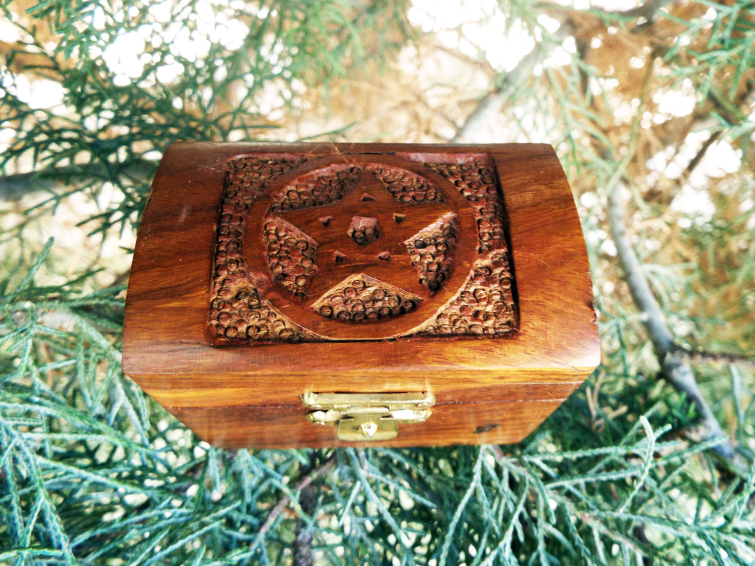 Box Wooden Jewelry Pentagram Hand Carved Handmade Floral Home Decor Trinket Gothic Wiccan Magic Pagan Treasure Chest