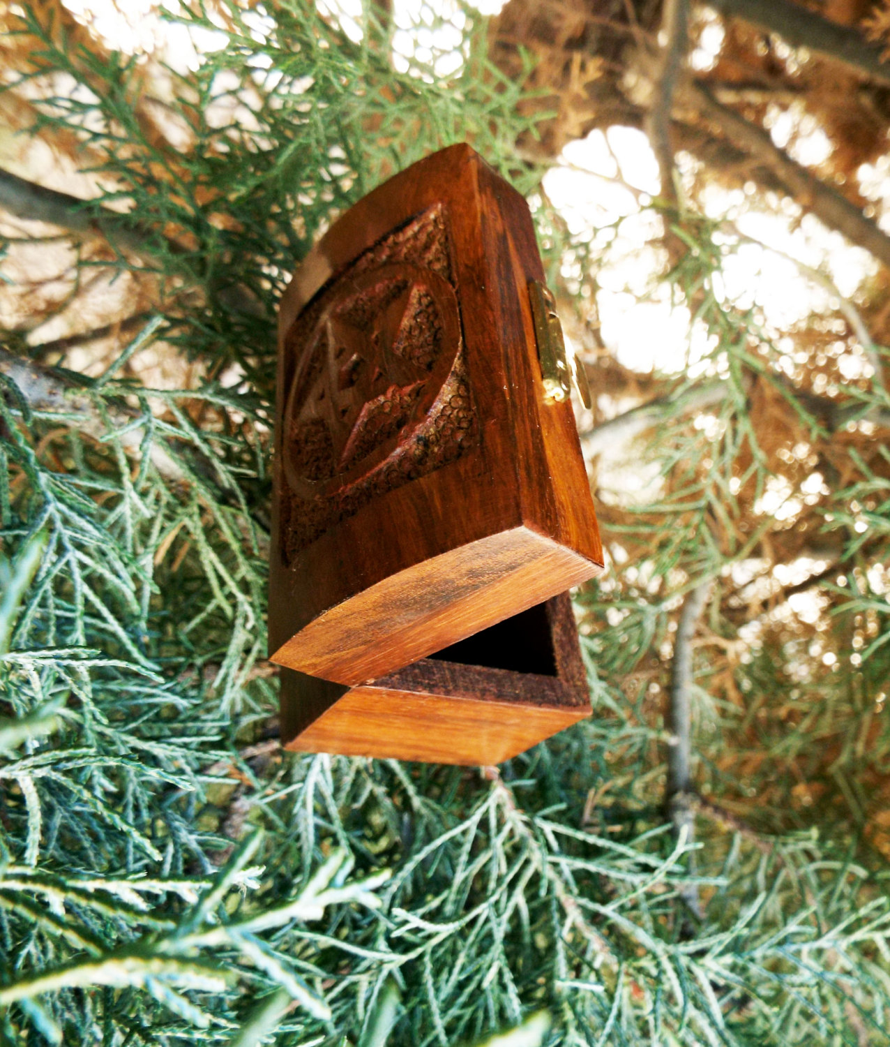 Box Wooden Jewelry Pentagram Hand Carved Handmade Floral Home Decor Trinket Gothic Wiccan Magic Pagan Treasure Chest