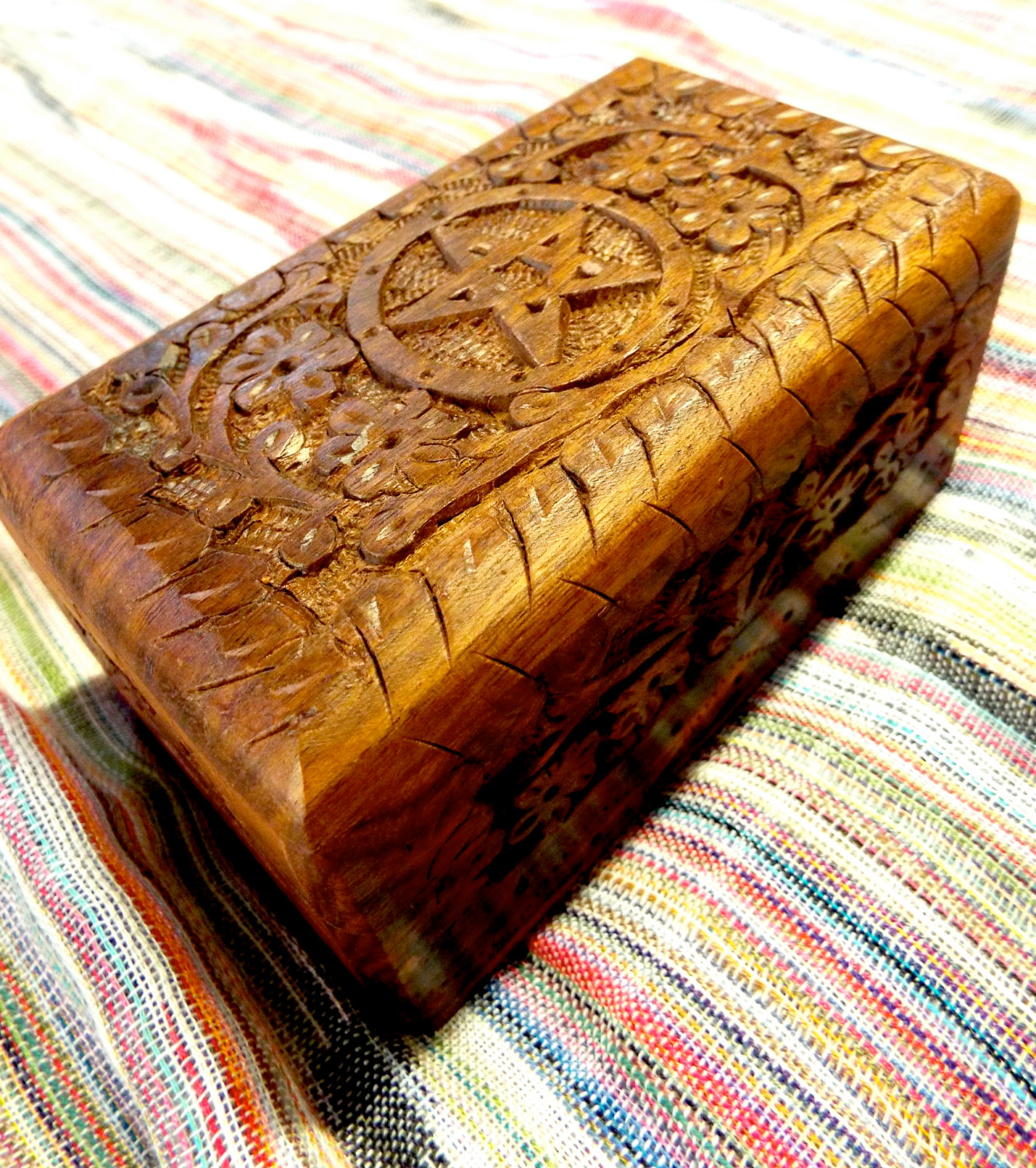 Box Wooden Jewelry Pentagram Hand Carved Handmade Floral Home Decor Trinket Gothic Wiccan Magic Pagan Treasure Chest