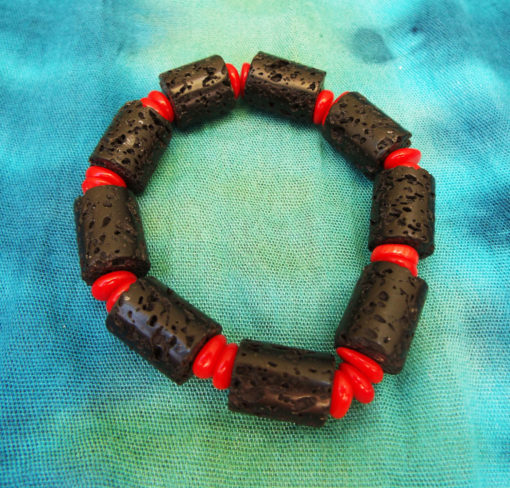 Bracelet Basalt Lava Rock Handmade Red Coral Strength Protection