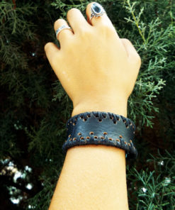 Bracelet Leather Cuff Black Handmade Adjustable Bangle Unisex Jewelry Gothic Dark Boho