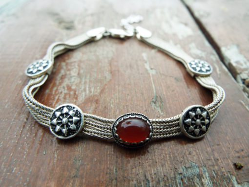 Carnelian Bracelet Silver Cuff Dangle Chain Sterling 925 Handmade Red Gemstone Gothic Dark Antique Vintage Jewelry