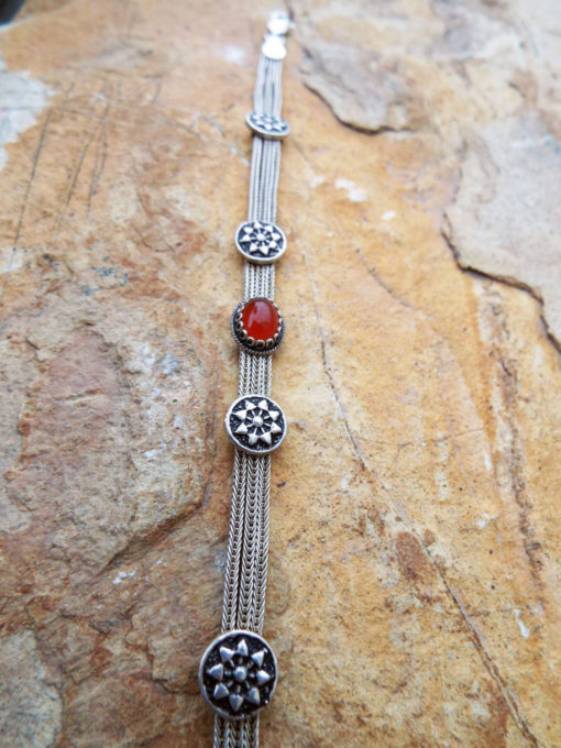Carnelian Bracelet Silver Cuff Dangle Chain Sterling 925 Handmade Red Gemstone Gothic Dark Antique Vintage Jewelry
