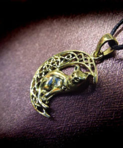 Cat Moon Pendant Pentagram Bronze Handmade Witch Halloween Necklace Celtic Jewelry Pagan Protection Symbol