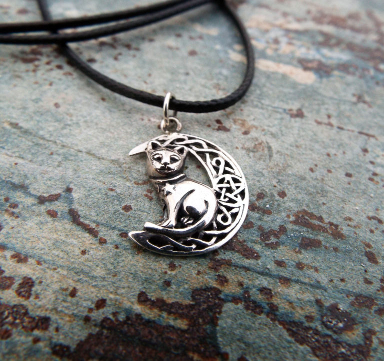 Cat Moon Pendant Silver Handmade Necklace Pentagram Sterling 925 Witch Halloween Necklace Celtic Jewelry Pagan Protection Symbol