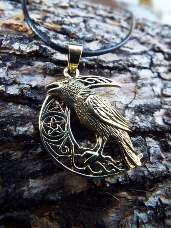 Crow Pendant Moon Crescent Pentagram Star Bronze Handmade Necklace Wicca Wiccan Gothic Dark Magic Protection Jewelry