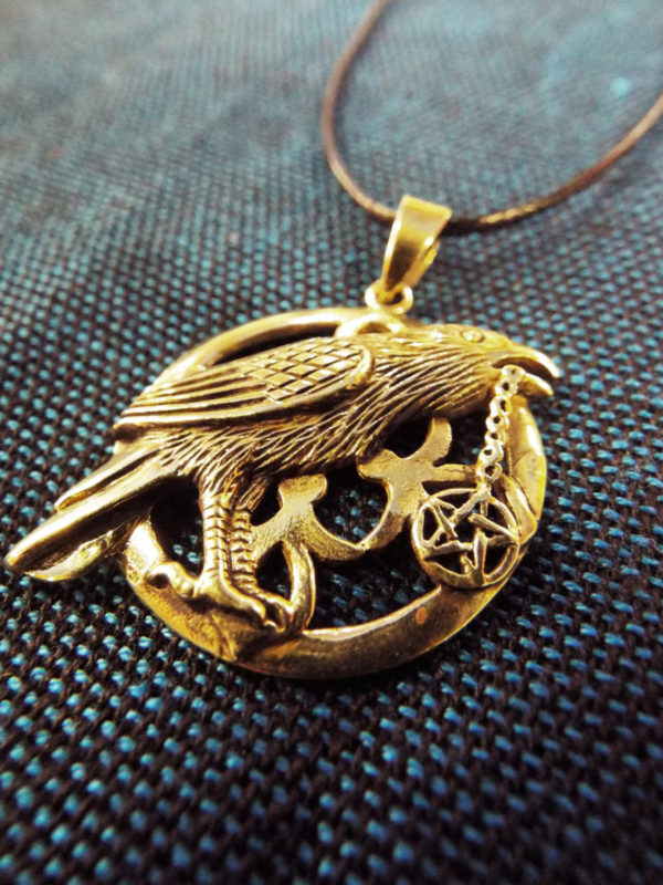 Crow Pendant Pentagram Bronze Handmade Necklace Gothic Dark Magic Protection Jewelry