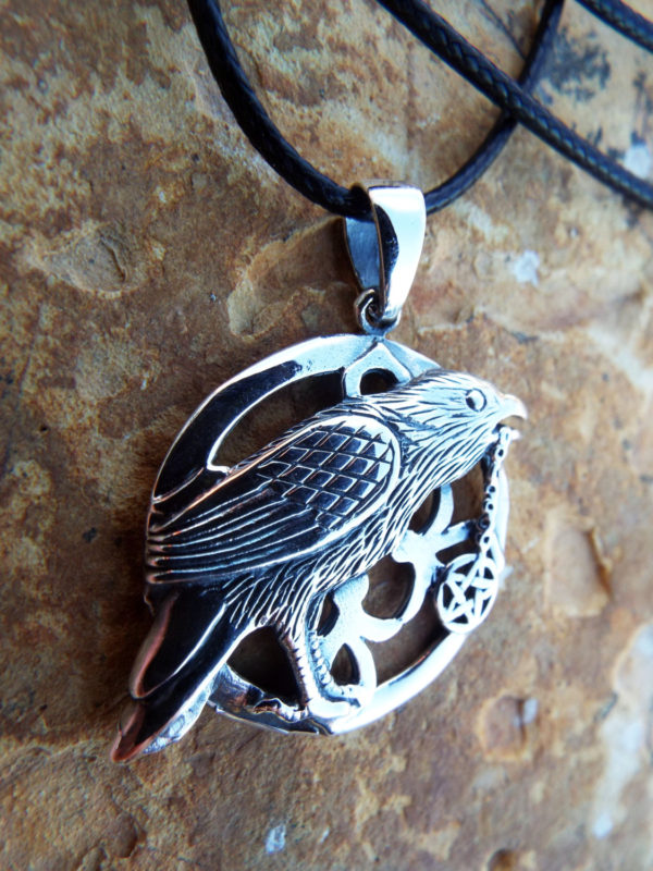 Crow Raven Pendant Silver Handmade Necklace Pentagram Gothic Bird Dark Magic Protection Jewelry