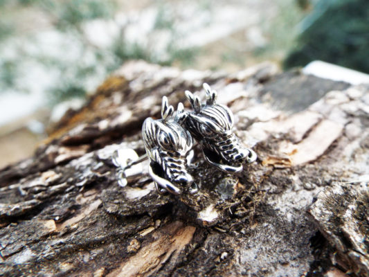 Dragon Earrings Studs Silver Handmade Gothic Dark Serpent Symbol Stainless Steel Jewelry