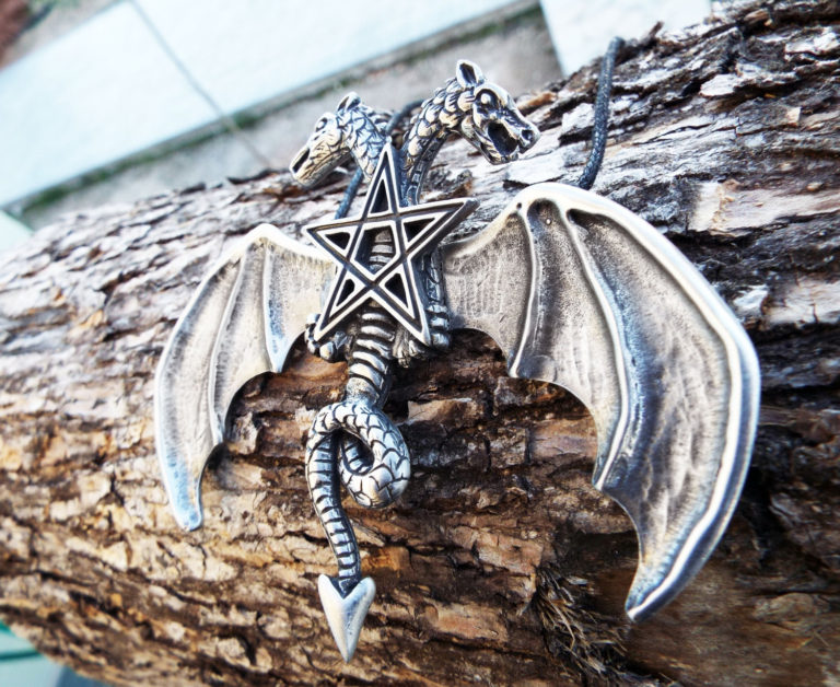 Dragon Pendant Pentagram Necklace Two-Headed Dragon Wings Star Handmade Magic Gothic Wicca Protection Jewelry