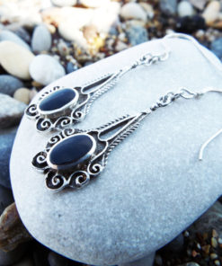 Earrings Onyx Gemstone Black Silver Handmade Sterling 925 Dangle Drop Jewelry Gothic Dark Antique Vintage