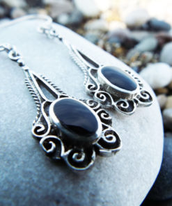 Earrings Onyx Gemstone Black Silver Handmade Sterling 925 Dangle Drop Jewelry Gothic Dark Antique Vintage
