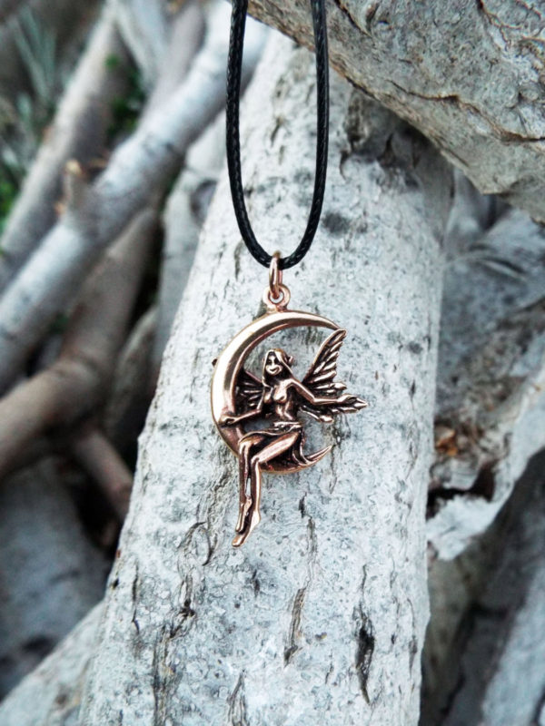Fairy Pendant Handmade Moon Necklace Faerie Magic Pixie Bronze Gothic Dark Jewelry