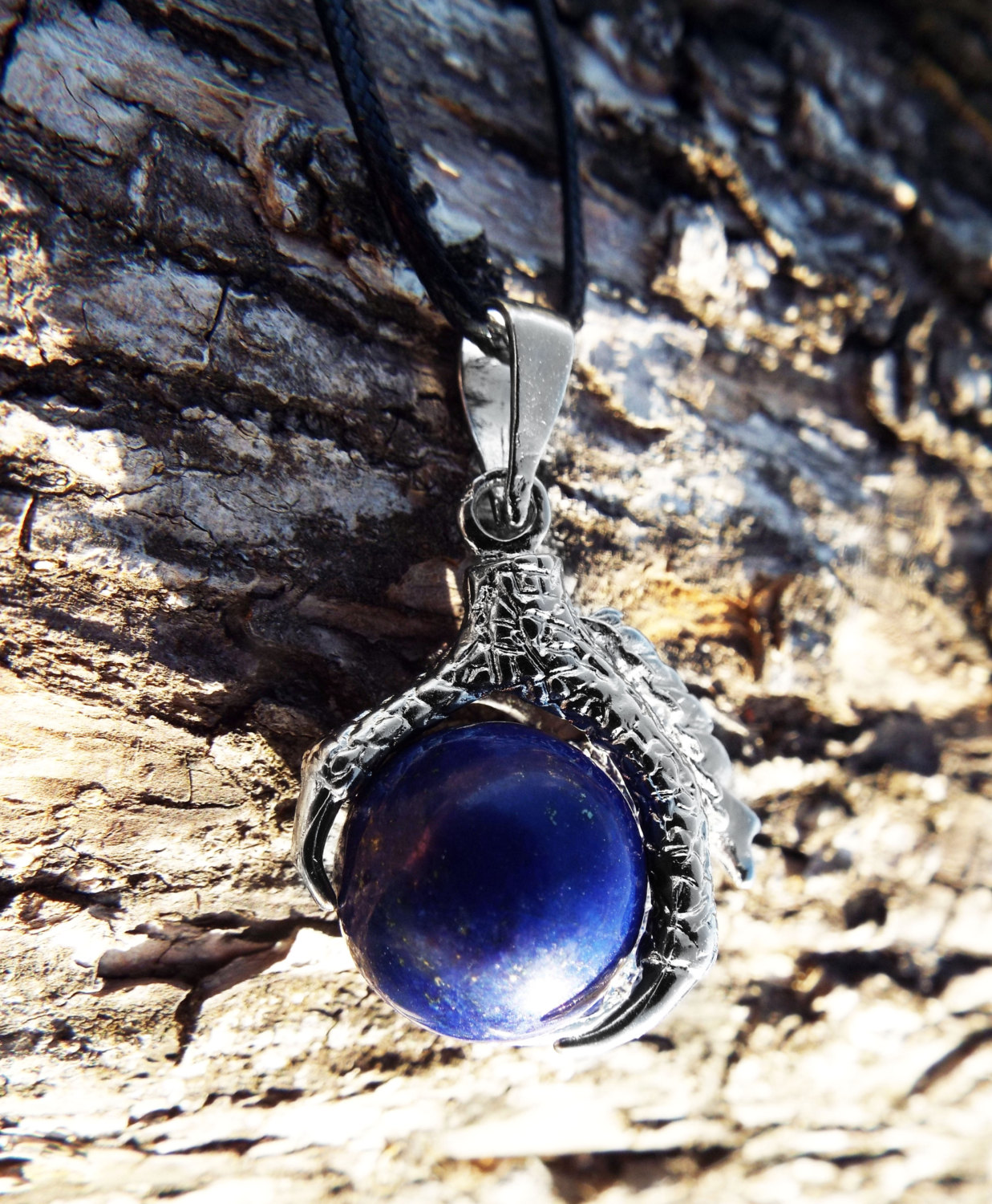 Lapis Lazuli Pendant Dragon Necklace Handmade Silver Gothic Dark