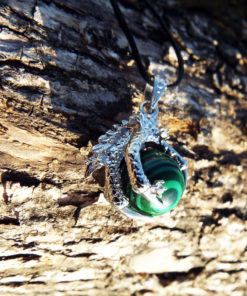 Malachite Pendant Green Gemstone Dragon Silver Necklace Handmade Ball Gothic Dark Jewelry
