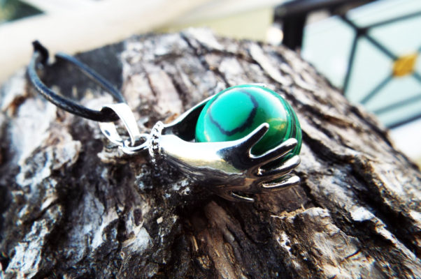 Malachite Pendant Green Gemstone Silver Necklace Handmade Ball Gothic Dark Jewelry