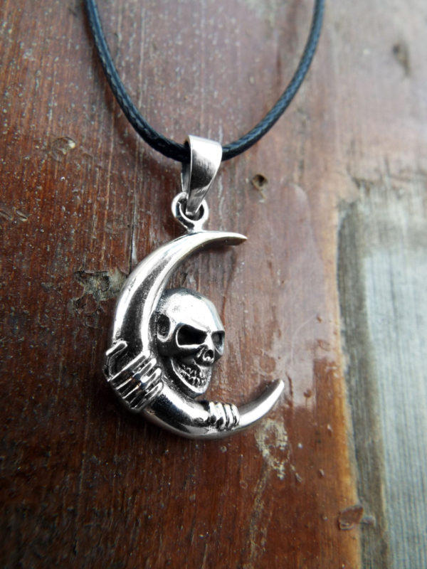 Moon Skull Pendant Silver Handmade Necklace Sterling 925 Gothic Dark Crossbones Skeleton Death Jewelry