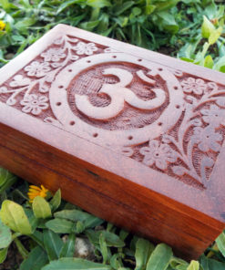 Om Symbol Indian Yoga Meditation Protection Box Handmade Mango Tree Wood Trinket Chest Floral