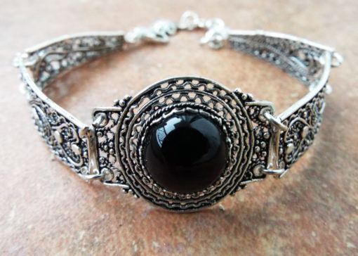 Onyx Bracelet Silver Cuff Dangle Chain Sterling 925 Handmade Black  Gemstone Gothic Dark Antique Vintage Jewelry ασημι βραχιολι ονυχας