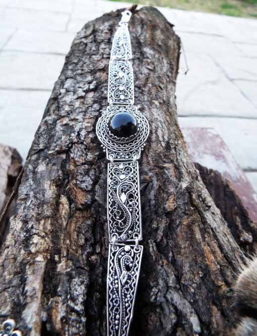 Onyx Bracelet Silver Cuff Dangle Chain Sterling 925 Handmade Black  Gemstone Gothic Dark Antique Vintage Jewelry ασημι βραχιολι ονυχας