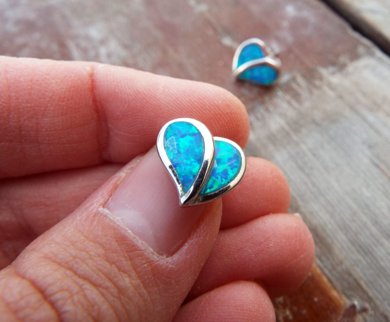 Opal Earrings Hearts Studs Silver Gemstone Love Heart Handmade Sterling 925 Antique Vintage Jewelry