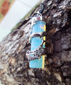 Opalite Dragon Pendant Gemstone Pendulum Silver Necklace Cylinder Handmade Gothic Magic Dark Wicca Jewelry