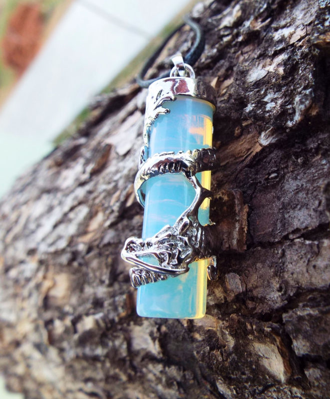 Opalite Dragon Pendant Gemstone Pendulum Silver Necklace Cylinder Handmade Gothic Magic Dark Wicca Jewelry