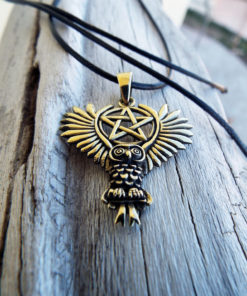 Owl Pendant Bronze Moon Pentagram Handmade Necklace Wisdom Celtic Wiccan Magic Jewelry