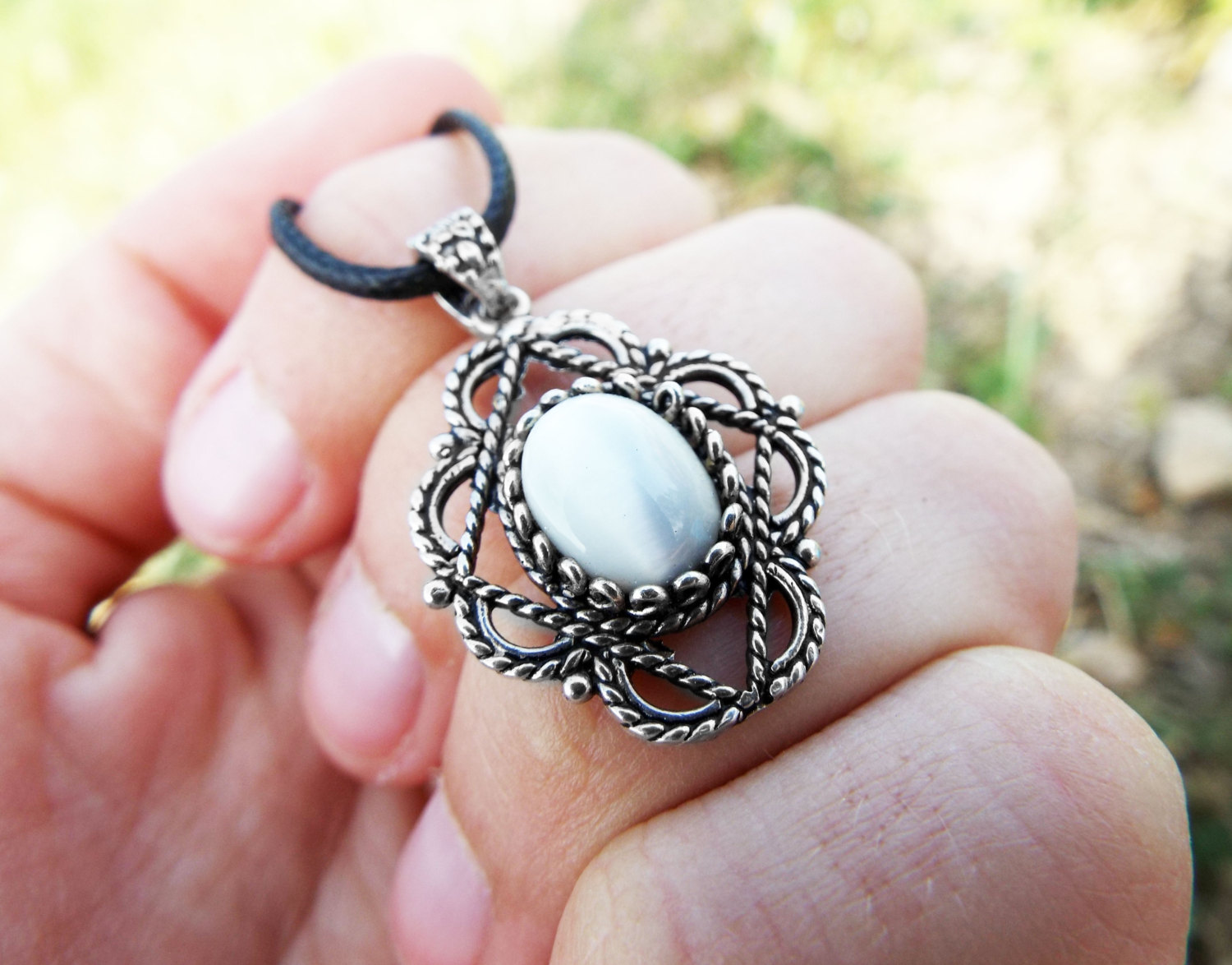 Pendant Gothic Sterling Silver 925 Gemstone Necklace White Fildisi Handmade  Vintage Antique Filigree Dark