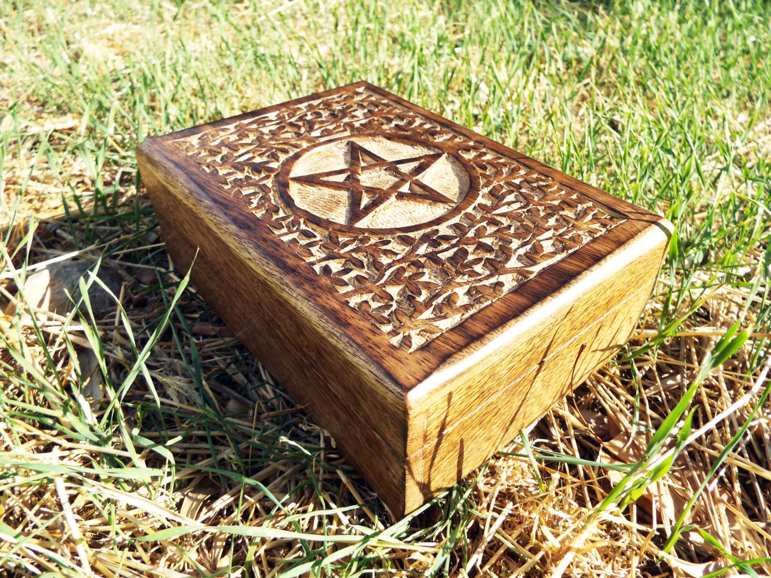 Pentagram Inlay Wooden Trinket Jewellery Storage Box Pagan Wicca Ornament 