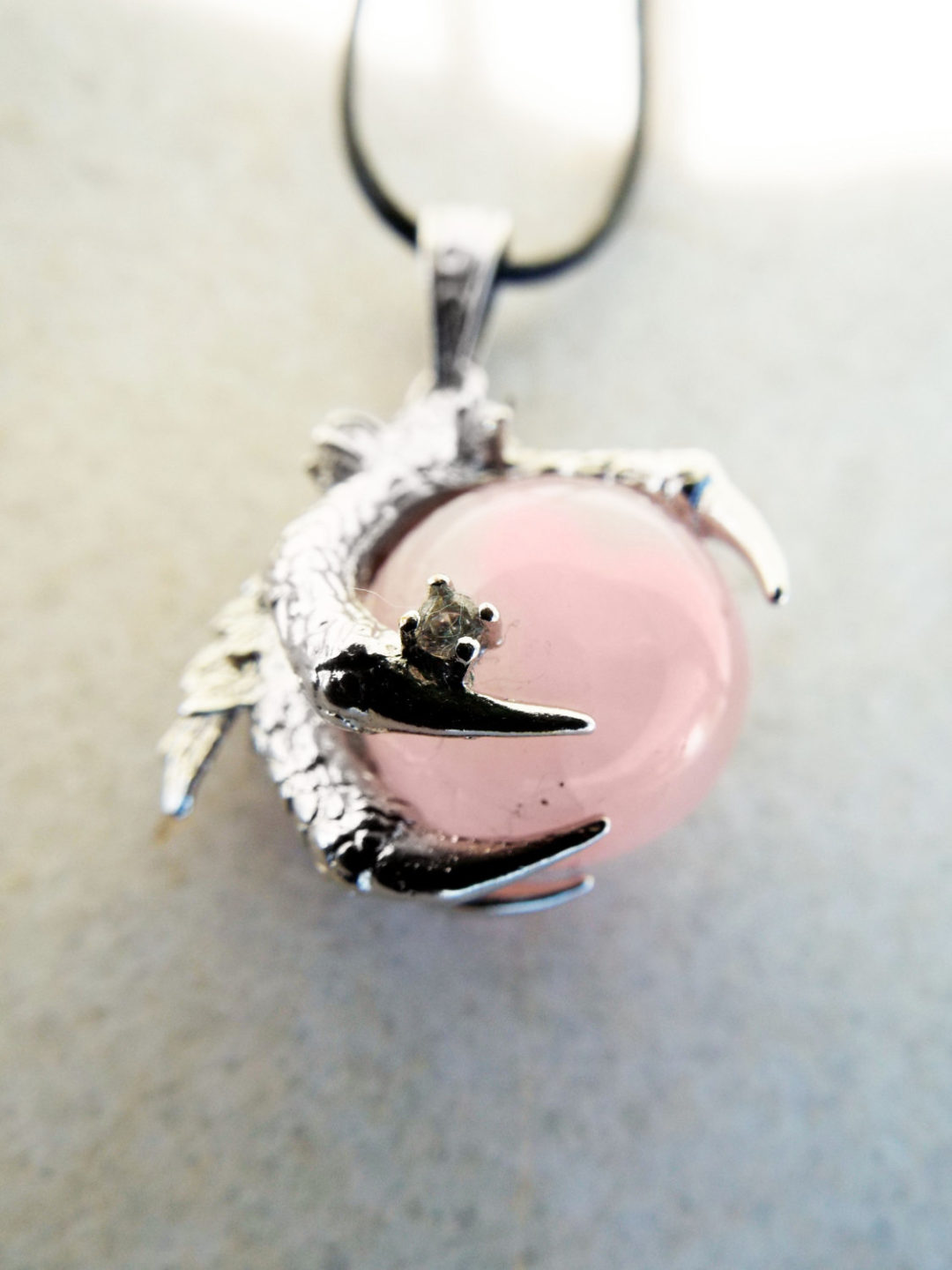 Rose Quartz Dragon Pendant Necklace Silver Gemstone Claw Gothic Magic