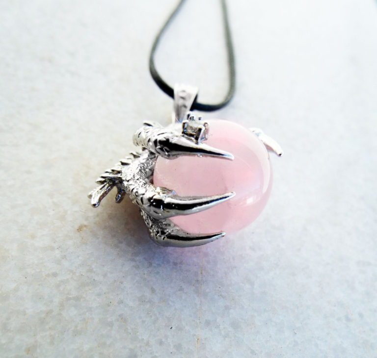 Rose Quartz Dragon Pendant Necklace Silver Gemstone Claw Gothic Magic Protection Wicca Jewelry