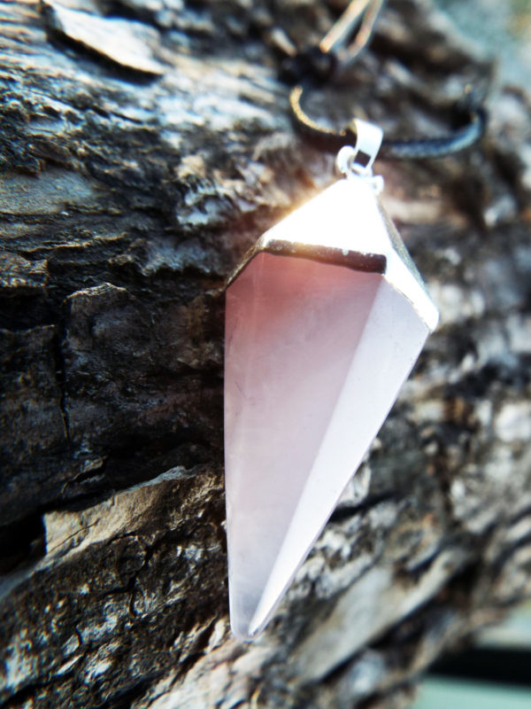 Rose Quartz Pendant Pendulum Silver Pointer Crystal Gemstone Necklace Handmade Gothic Dark Jewelry Boho