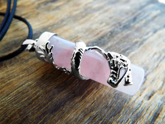 Rose Quartz Pendulum Dragon Pendant Gemstone Silver Necklace Cylinder Handmade Gothic Magic Dark Wicca Jewelry