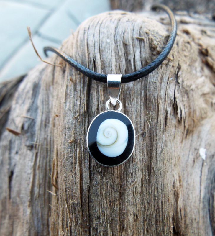 Silver Pendant Shiva Eye Seashell Black Onyx Gemstone Handmade Necklace Beach Ocean Sea Protection Jewelry