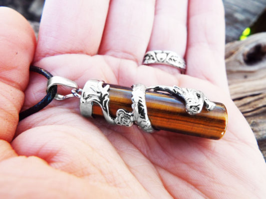 Tiger's Eye Dragon Pendant Gemstone Pendulum Silver Necklace Cylinder Handmade Gothic Magic Dark Wicca Jewelry