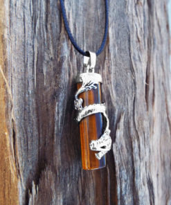Tiger's Eye Dragon Pendant Gemstone Pendulum Silver Necklace Cylinder Handmade Gothic Magic Dark Wicca Jewelry