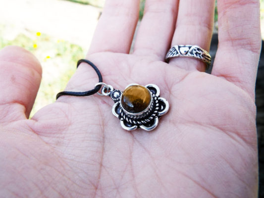 Tiger's Eye Pendant Flower Gemstone Silver Necklace Handmade Vintage Antique Stone Gothic Jewelry