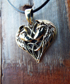 Wolf Pendant Heart Love Triquetra Celtic Knot Bronze Handmade Necklace Gothic Dark Magic Wiccan Wicca Jewelry