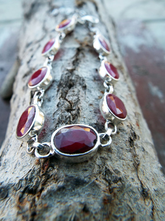 Ruby Bracelet Silver Cuff Dangle Chain Sterling 925 Handmade Red Gemstone Gothic Dark Antique Vintage Jewelry-2