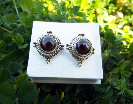 Earrings Garnet Studs Red Gemstone Silver Handmade Sterling 925 Gothic Dark Vintage Antique Jewelry